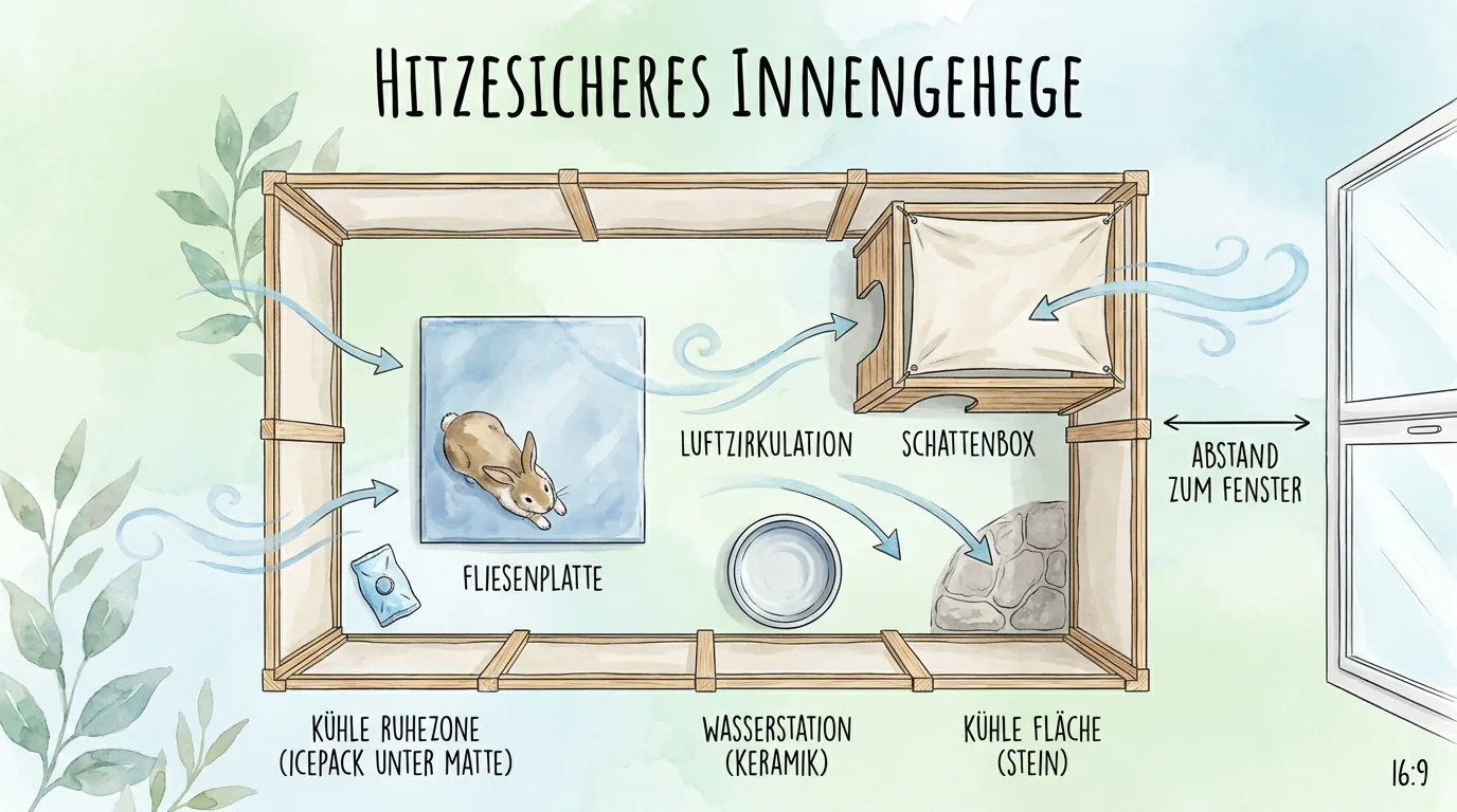 Draufsicht auf ein hitzesicheres Innengehege mit Fliesenplatte, Schattenbox, Wasserstation und Luftzirkulation.