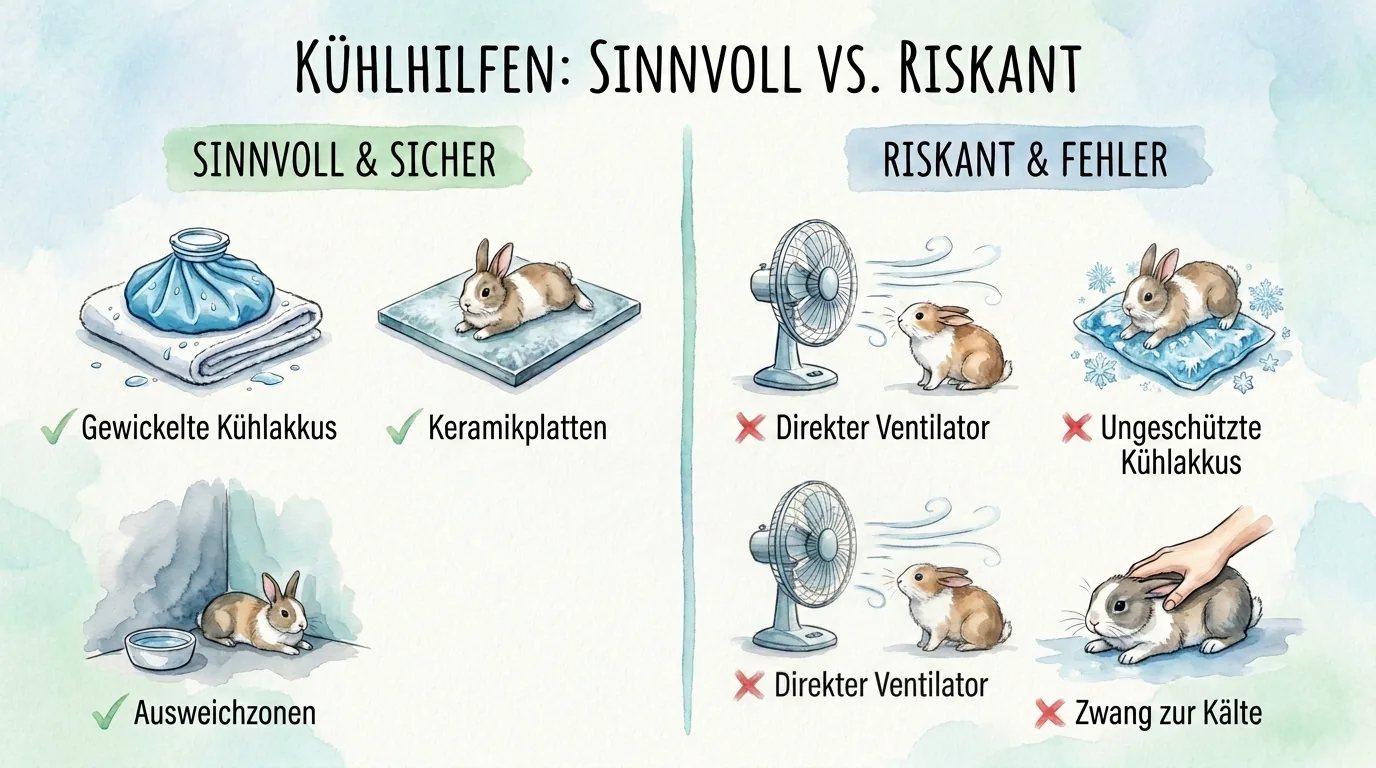 Infografik zu sicheren und riskanten Kühlhilfen für Kaninchen mit gewickelten Kühlakkus, Keramikplatten und Ausweichzonen sowie Fehlern wie direktem Ventilator und ungeschützten Kühlakkus.