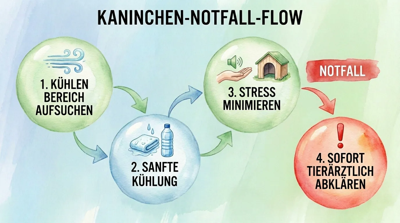 Infografik zum Kaninchen-Notfall bei Hitze mit vier Schritten: kühlen Bereich aufsuchen, sanfte Kühlung, Stress minimieren und sofort tierärztlich abklären.