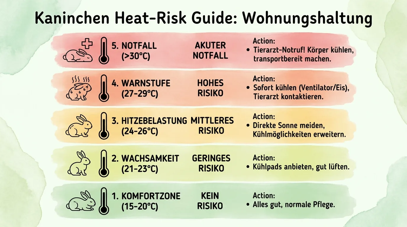 Infografik mit Temperaturstufen für Wohnungskaninchen von der Komfortzone bis zum Hitzenotfall mit konkreten Maßnahmen je Bereich.