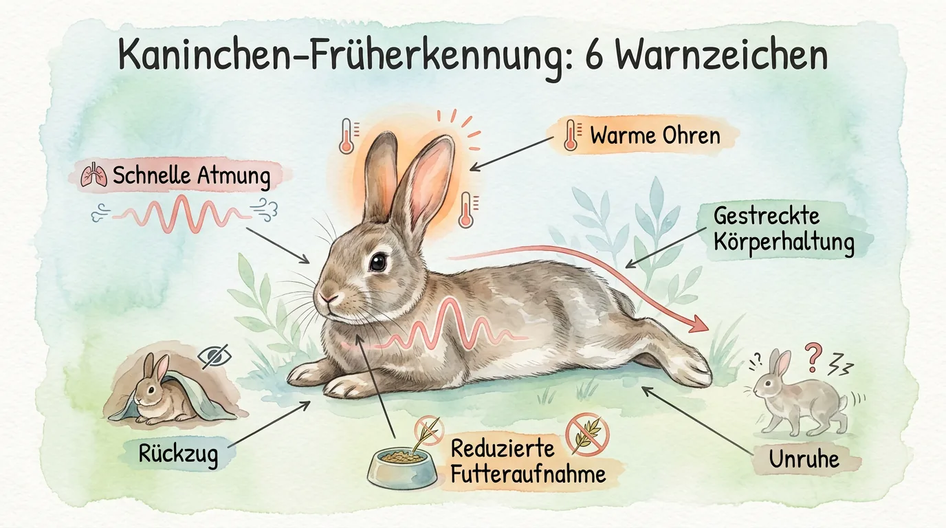 Infografik zur Früherkennung von Hitzestress beim Kaninchen mit sechs Warnzeichen wie schnelle Atmung, warme Ohren, gestreckte Körperhaltung, Rückzug, reduzierte Futteraufnahme und Unruhe.