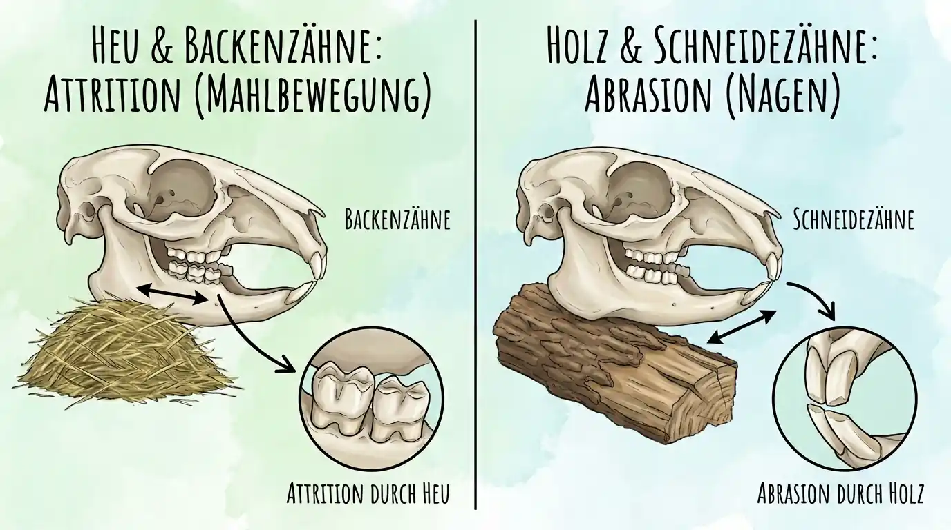 Anatomischer Vergleich von Attrition durch Heu an den Backenzähnen und Abrasion durch Holz an den Schneidezähnen beim Kaninchenschädel.