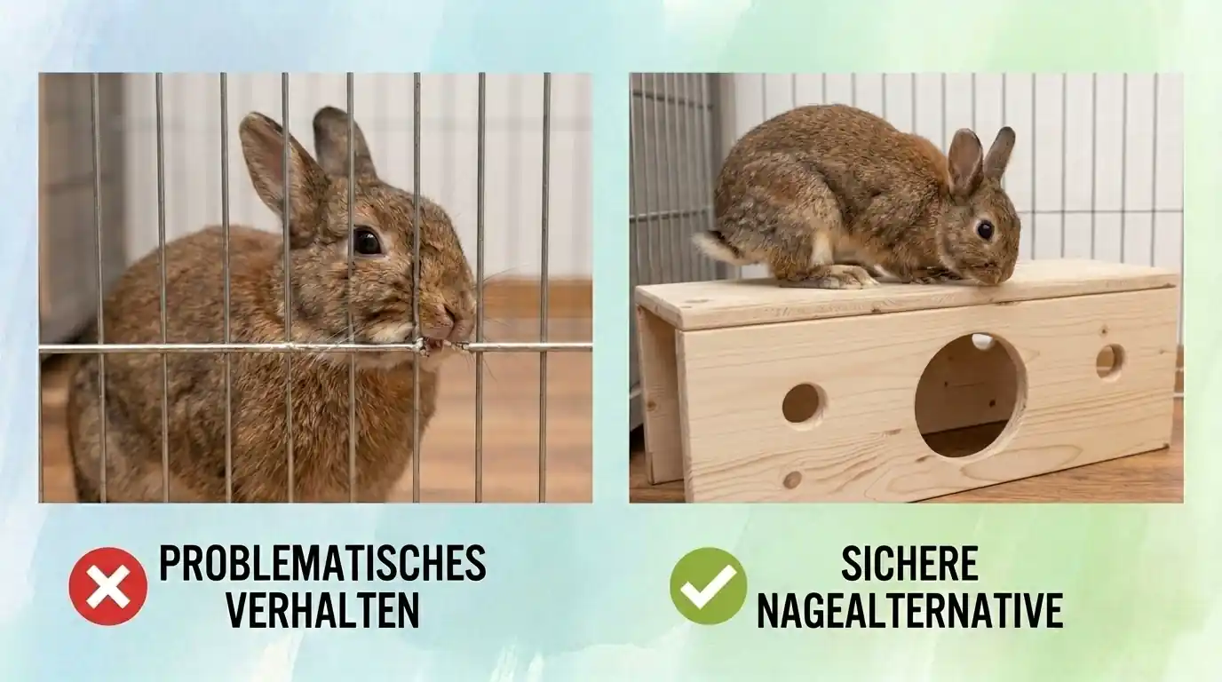 Vergleichsbild mit Kaninchen: links nagt ein Kaninchen am Käfiggitter mit dem Hinweis problematisches Verhalten, rechts nutzt ein Kaninchen eine Holz-Nagealternative mit dem Hinweis sichere Nagealternative.