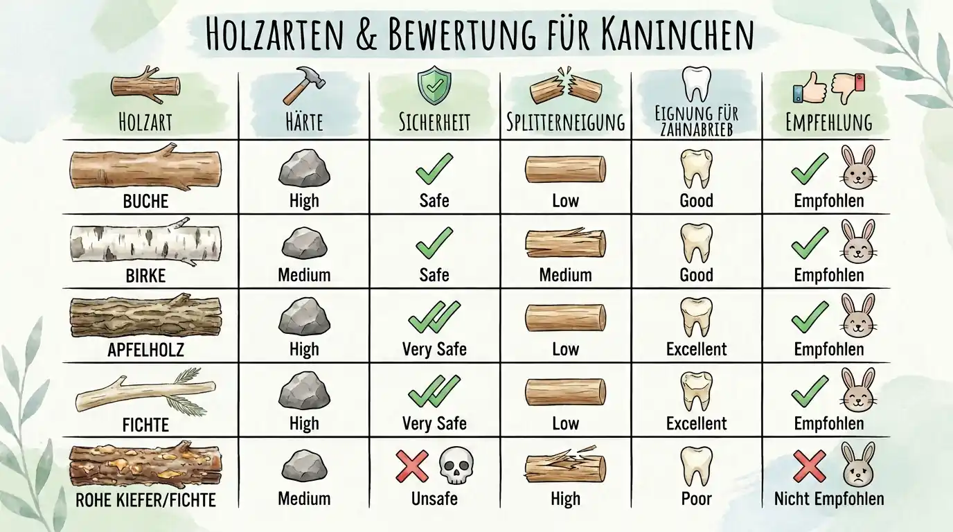 Infografik mit Bewertung von Holzarten für Kaninchen: Buche, Birke, Apfelholz und Fichte sind als sicher und für den Zahnabrieb geeignet gekennzeichnet und empfohlen; rohe Kiefer oder rohe Fichte ist als unsicher und nicht empfohlen markiert.
