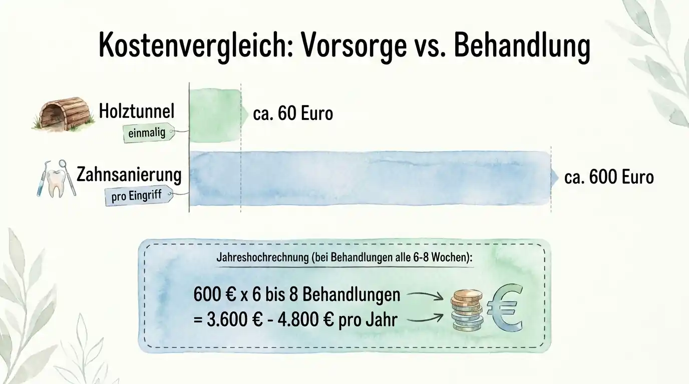 Infografik zum Kostenvergleich bei Kaninchen: Holztunnel als einmalige Vorsorge kostet etwa 60 Euro, Zahnsanierung kostet etwa 600 Euro pro Eingriff; Jahreshochrechnung bei Behandlungen alle 6 bis 8 Wochen: 3.600 bis 4.800 Euro.