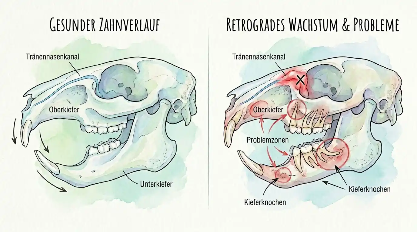 Vergleichende Illustration eines Kaninchenschädels: links gesunder Zahnverlauf mit Oberkiefer, Unterkiefer und Tränennasenkanal, rechts retrogrades Zahnwachstum mit markierten Problemzonen, Fehlstellungen und Kieferknochenbelastung.