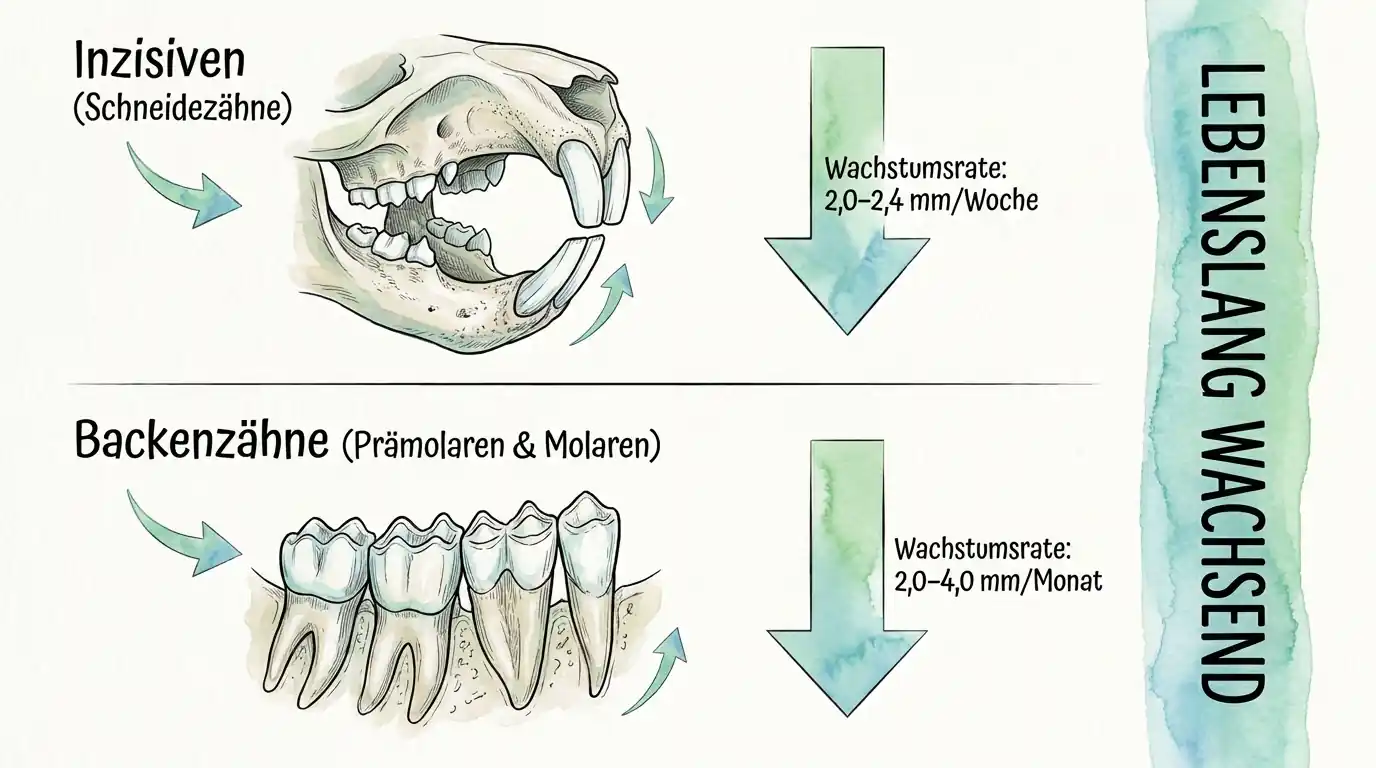 Infografik zu Kaninchenzähnen mit Darstellung von Schneidezähnen und Backenzähnen; Hinweis, dass beide lebenslang wachsen, mit Wachstumsraten von 2,0 bis 2,4 Millimetern pro Woche bei den Schneidezähnen und 2,0 bis 4,0 Millimetern pro Monat bei den Backenzähnen.