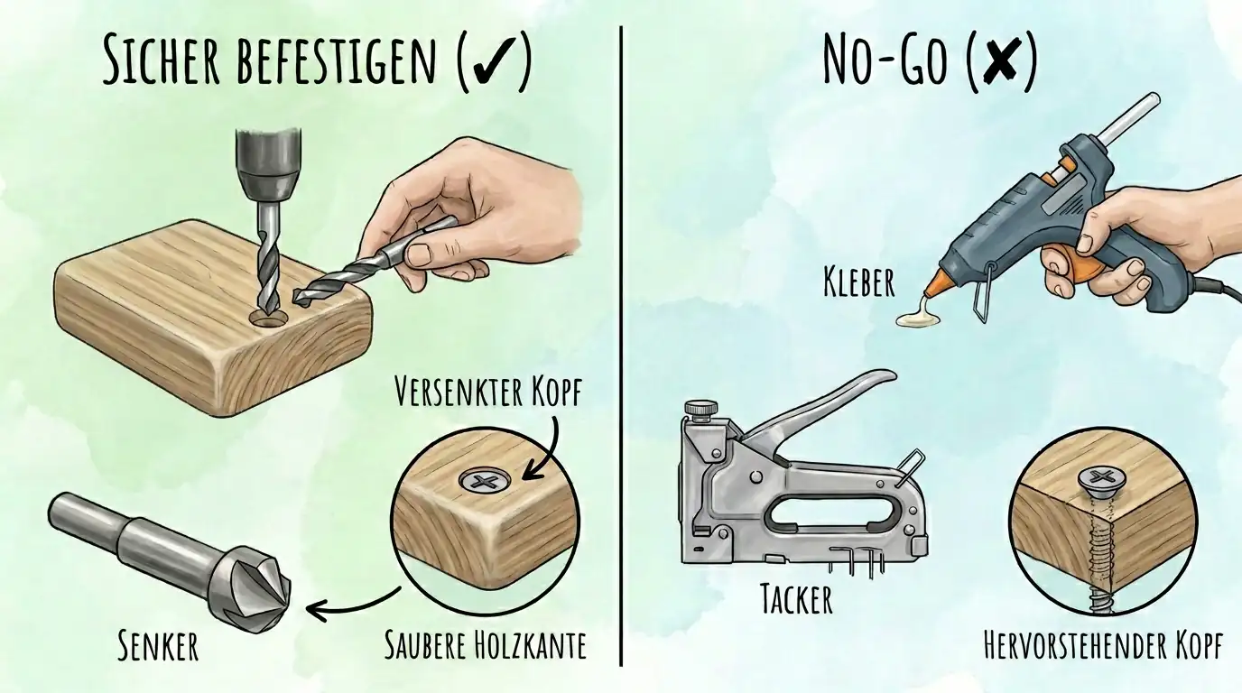 Vergleichsinfografik zur sicheren Befestigung eines Kaninchenhauses mit versenkten Schrauben gegenüber Kleber, Tacker und hervorstehenden Schraubenköpfen.