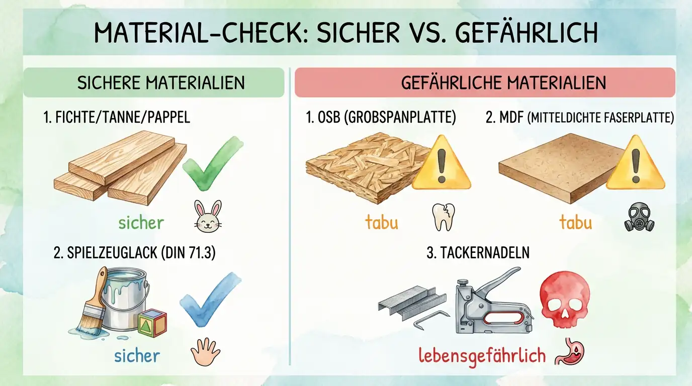 Infografik zum Material-Check für den Bau eines Kaninchenhauses mit sicheren Hölzern und Spielzeuglack sowie Warnung vor OSB, MDF und Tackernadeln.