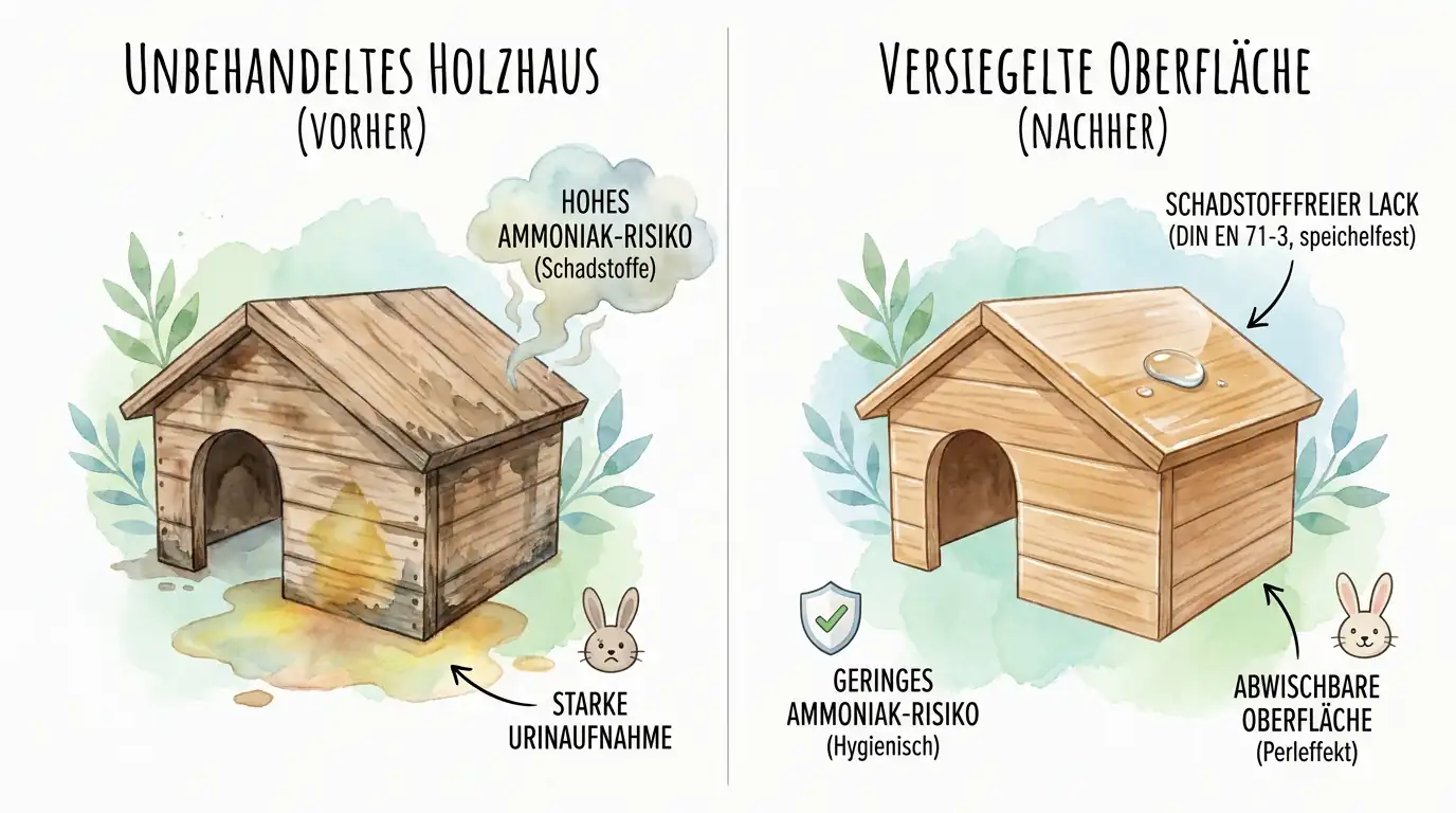 Infografik zum Vergleich eines unbehandelten Holzhauses mit hoher Urinaufnahme und einer versiegelten, abwischbaren Oberfläche mit geringerem Ammoniak-Risiko.