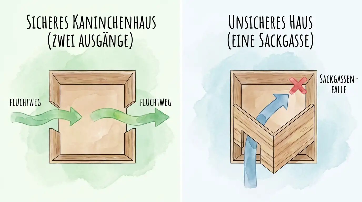 Vergleichsgrafik zu einem sicheren Kaninchenhaus mit zwei Fluchtwegen gegenüber einem unsicheren Haus mit Sackgasse und nur einem Ausgang.