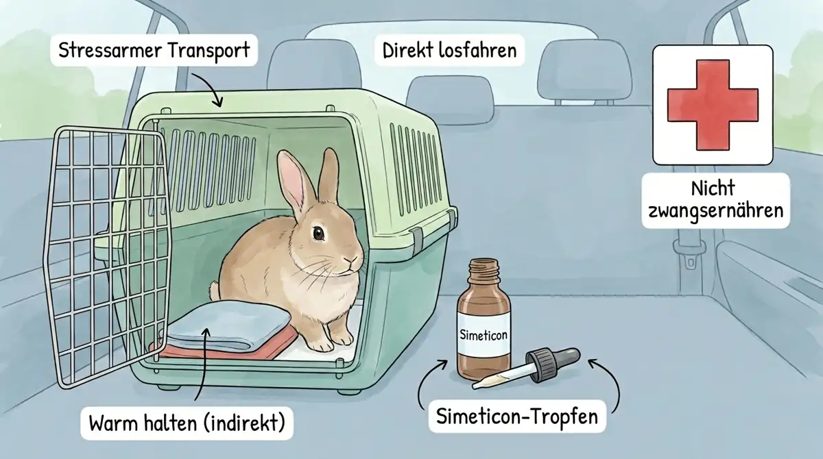 Kaninchen in der Transportbox im Auto mit markierten Sofortmaßnahmen wie stressarmem Transport, indirektem Warmhalten, Simeticon-Tropfen und dem Hinweis, nicht zwangszufüttern.