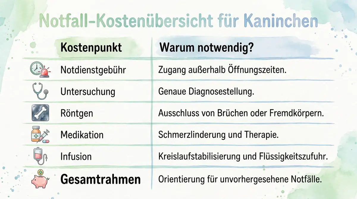 Kostenübersicht für den Kaninchen-Notdienst mit Positionen wie Notdienstgebühr, Untersuchung, Röntgen, Medikation, Infusion und finanziellem Gesamtrahmen.