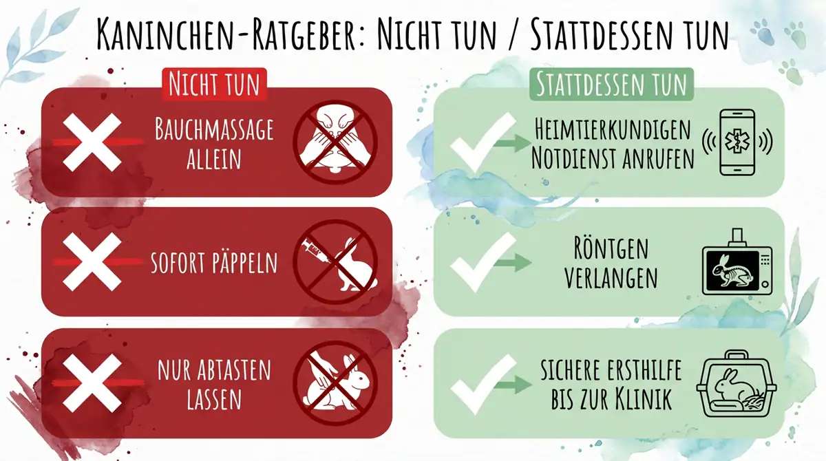 Infografik mit roten Fehlentscheidungen wie Bauchmassage allein, sofortigem Päppeln und reinem Abtasten sowie grünen Sofortmaßnahmen wie Notdienst anrufen, Röntgen verlangen und sichere Erste Hilfe.