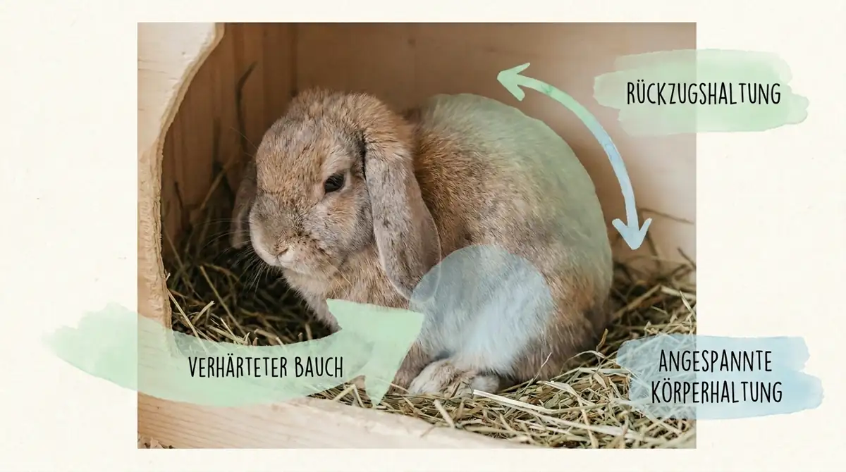 Kaninchen in Rückzugshaltung mit markierten Warnzeichen wie verhärtetem Bauch und angespannter Körperhaltung als Hinweis auf akute Magen-Darm-Beschwerden.