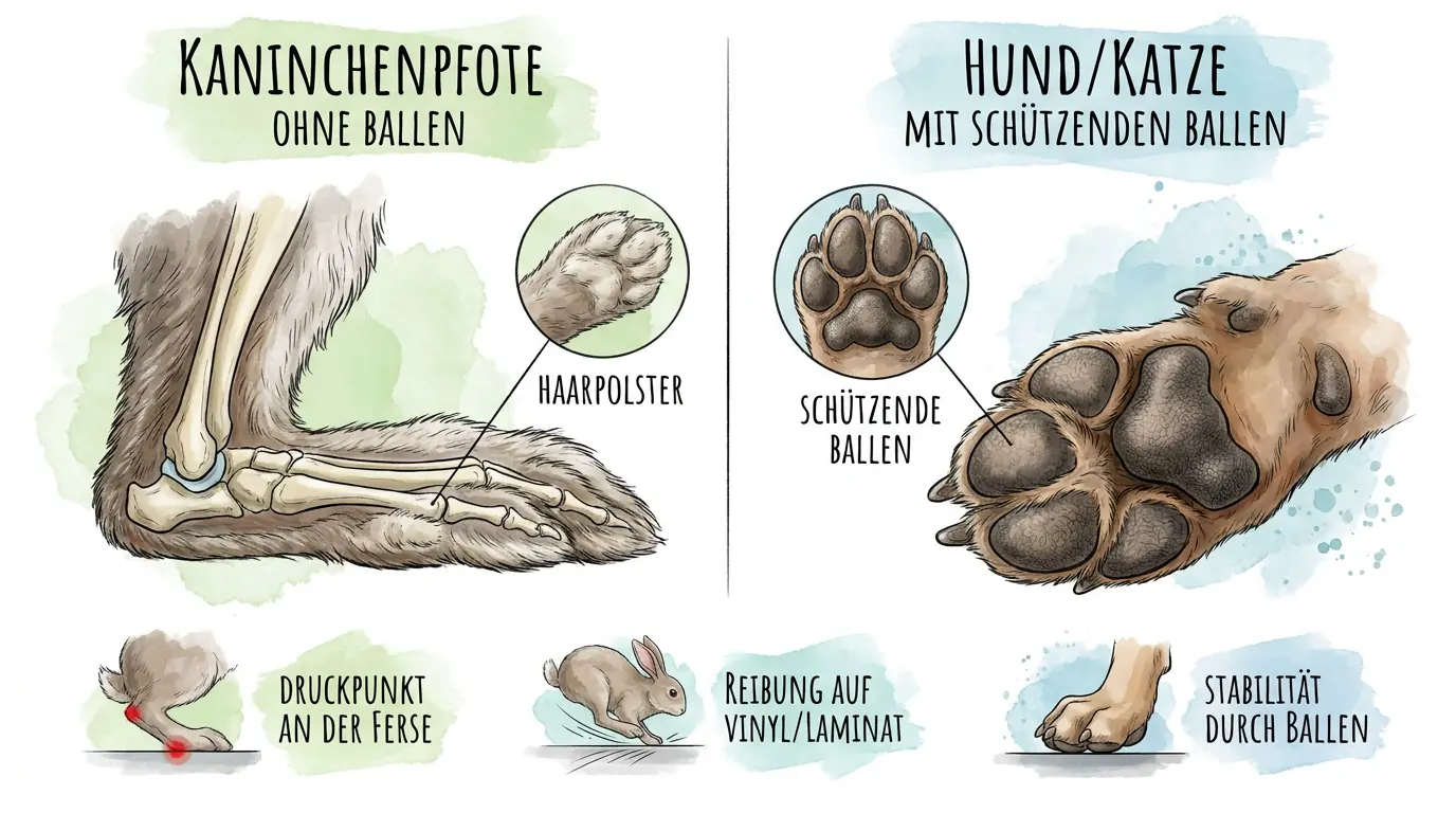 Vergleichsgrafik zur Anatomie der Kaninchenpfote ohne schützende Ballen gegenüber Hund und Katze mit belastbaren Pfotenballen.
