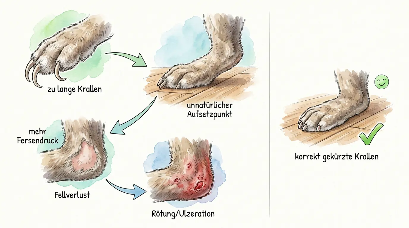 Infografik zu den Folgen zu langer Krallen beim Kaninchen mit Fehlbelastung, erhöhtem Fersendruck, Fellverlust und Ulzeration im Vergleich zu korrekt gekürzten Krallen.