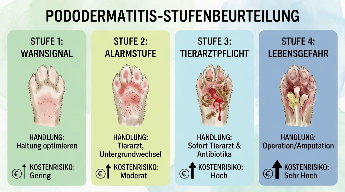 Stufenbeurteilung der Pododermatitis beim Kaninchen von leichter Rötung bis zur lebensbedrohlichen tiefen Entzündung mit empfohlenen Maßnahmen und steigendem Kostenrisiko.
