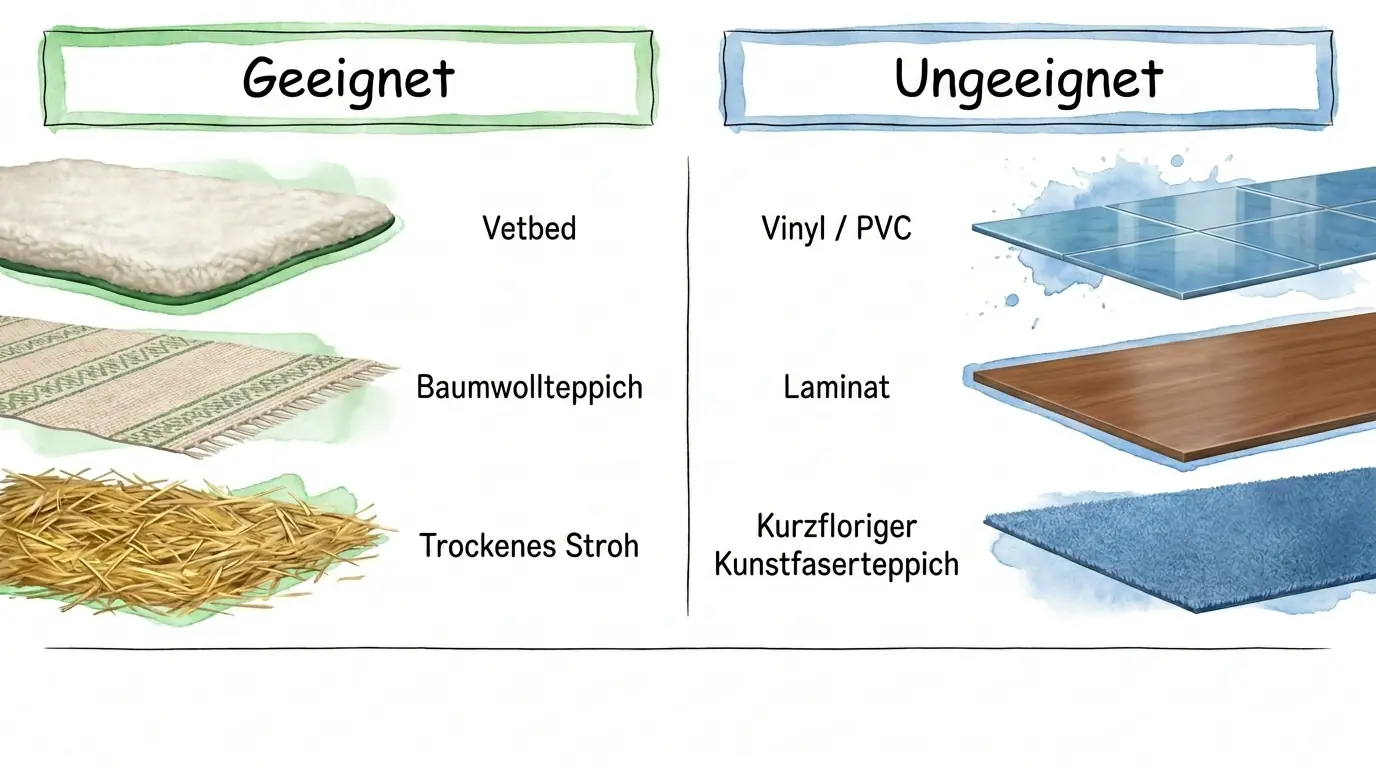 Infografik mit geeigneten Untergründen für Kaninchenpfoten wie Vetbed, Baumwollteppich und trockenes Stroh sowie ungeeigneten Böden wie Vinyl, PVC, Laminat und kurzflorigem Kunstfaserteppich.