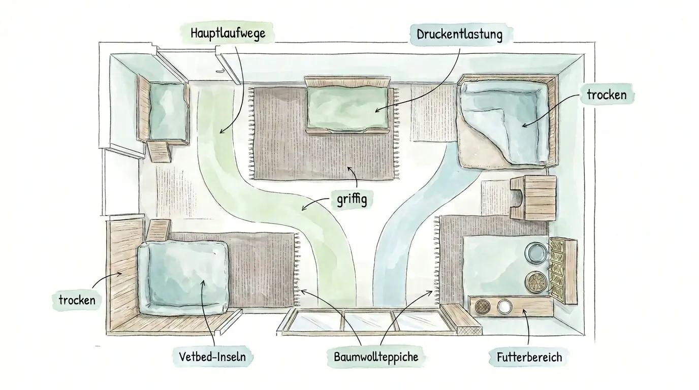 Schema für ein pododermatitisfreundliches Wohnungssetup mit weichen Hauptlaufwegen, trockenen Vetbed-Inseln, Baumwollteppichen und separat angeordnetem Futterbereich.