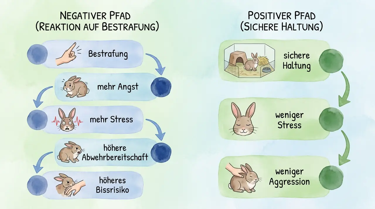 Infografik mit zwei Pfaden: Bestrafung steigert Angst, Stress und Bissrisiko, während sichere Haltung und ruhiger Umgang Aggression und Abwehrverhalten reduzieren.
