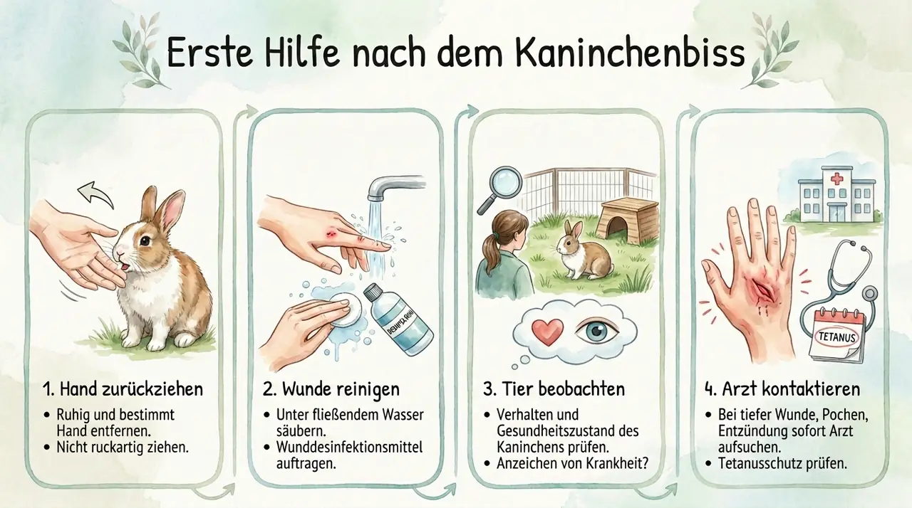 Infografik zur Ersten Hilfe nach einem Kaninchenbiss mit den Schritten Hand ruhig zurückziehen, Wunde reinigen, Kaninchen beobachten und bei Bedarf Arzt kontaktieren.