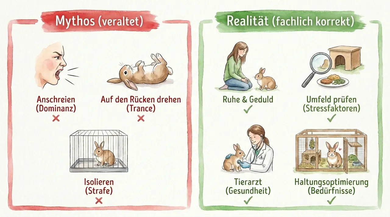Infografik zum Vergleich veralteter Dominanzmethoden mit fachlich korrektem Umgang: Schreien, Fixieren und Isolation sind rot markiert; ruhiger Abstand, Haltungscheck und tierärztliche Abklärung grün.