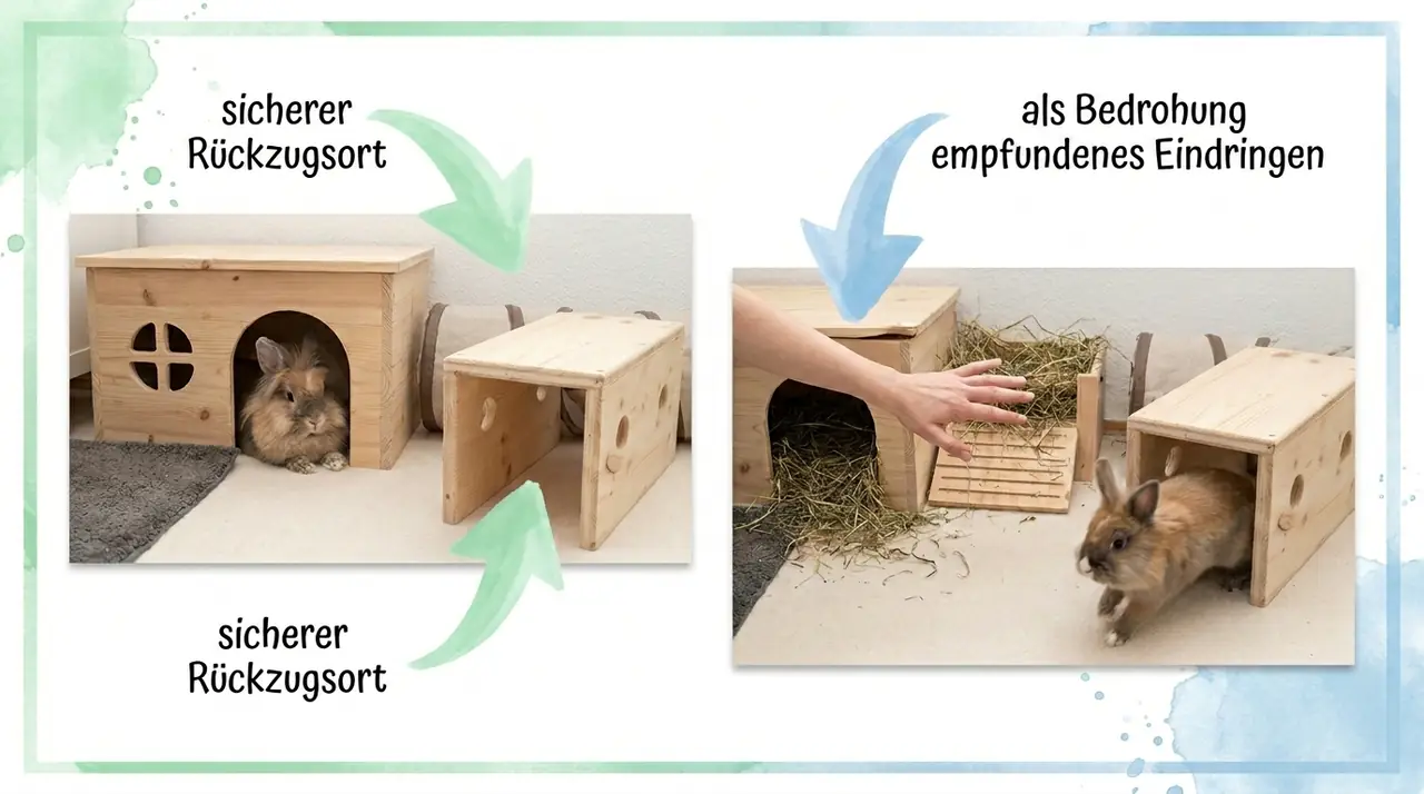 Infografik mit Rückzugsort im Kaninchengehege: Links sichere Verstecke, rechts eine menschliche Hand, die in den geschützten Bereich greift und als Bedrohung wahrgenommen wird.