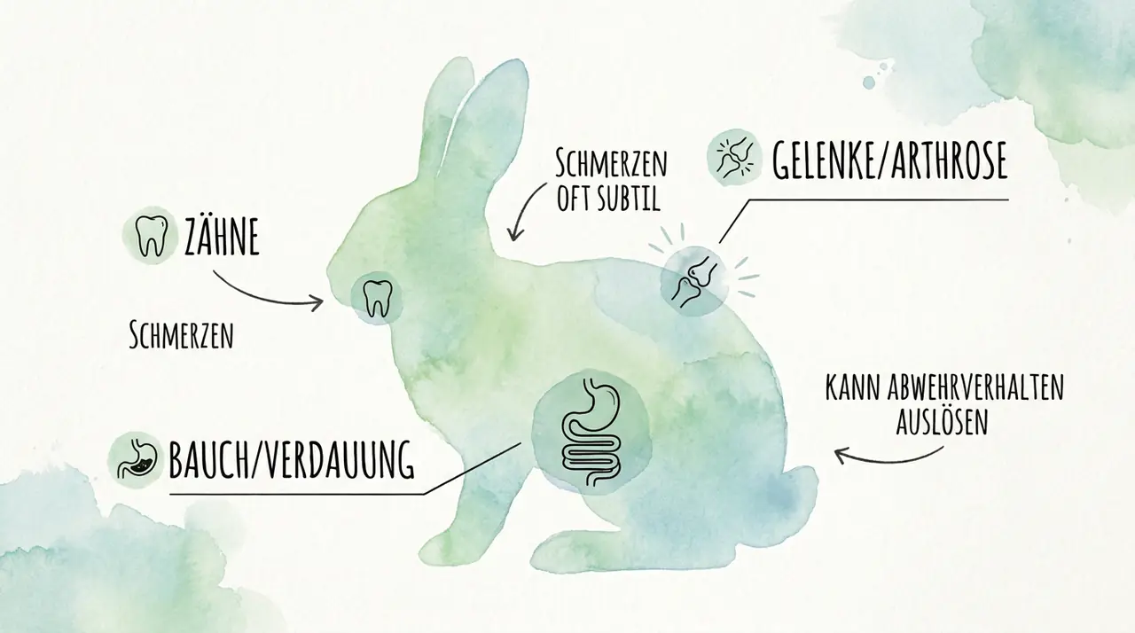 Infografik zu subtilen Schmerzursachen beim Kaninchen mit Hinweisen auf Zähne, Verdauung und Gelenke als mögliche Auslöser für Abwehrverhalten und Bissreaktionen.