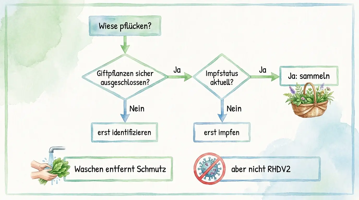 Entscheidungsbaum zum Wiesenpflücken: erst Giftpflanzen ausschließen, dann Impfstatus prüfen und nur dann sammeln.