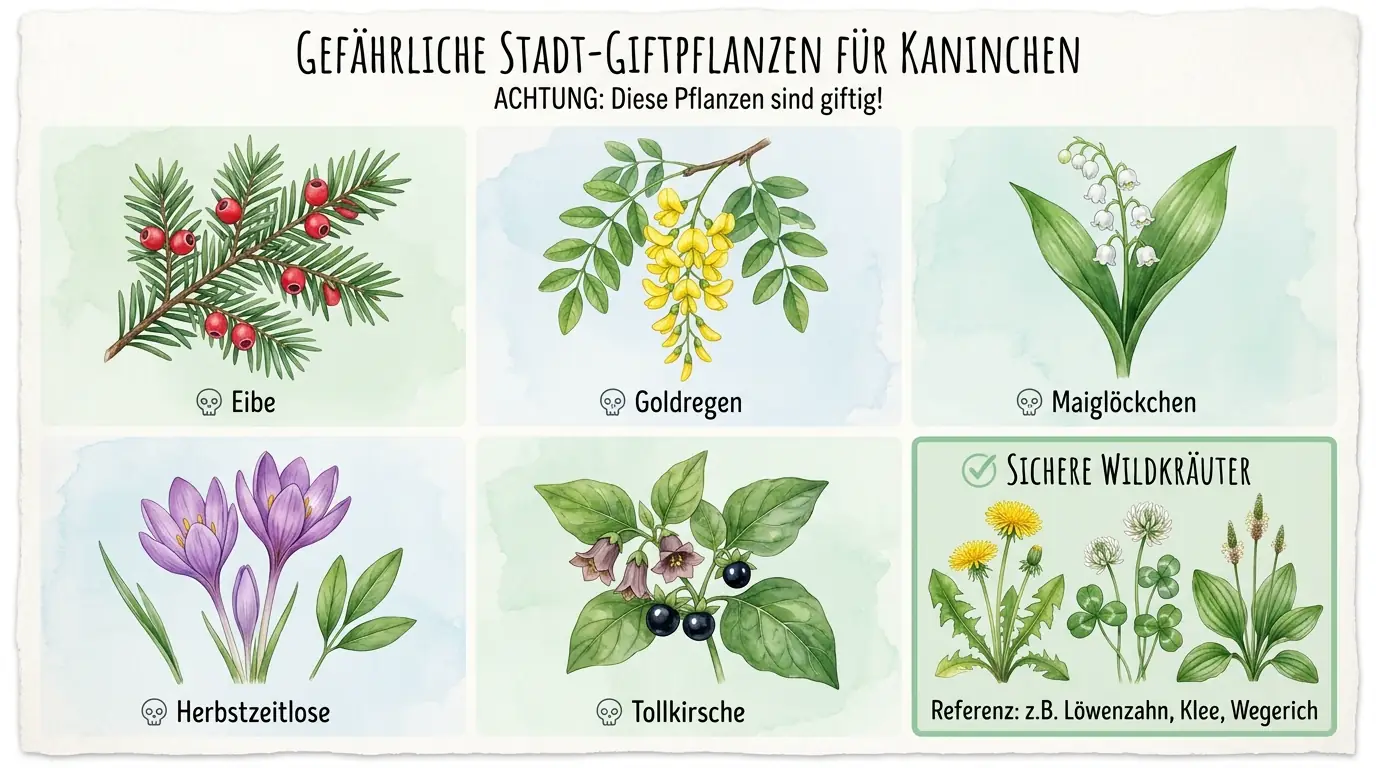 Infografik mit hochgiftigen Stadtpflanzen für Kaninchen wie Eibe, Goldregen und Maiglöckchen sowie sicheren Wildkräutern als Referenz.
