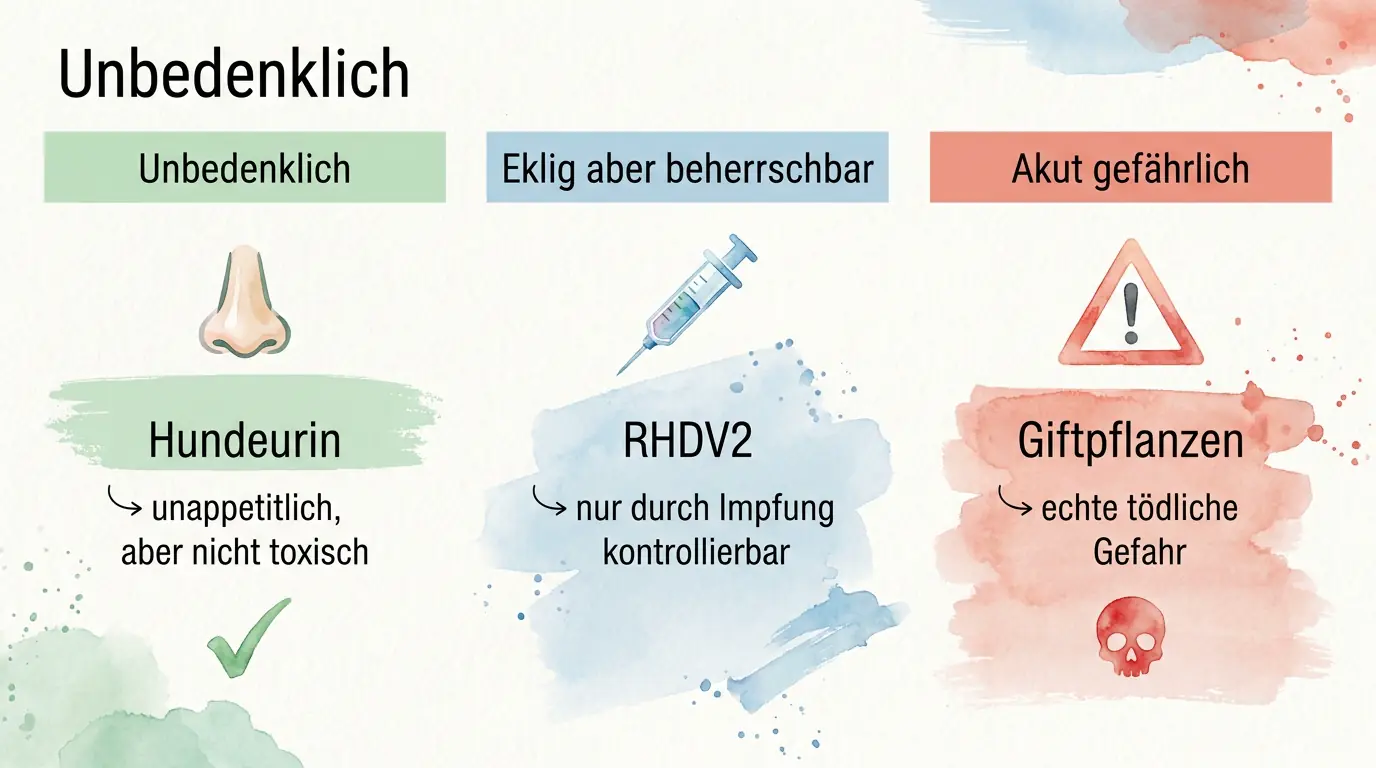 Infografik zur Risikoeinordnung auf Stadtwiesen: Hundeurin ist unappetitlich, RHDV2 nur per Impfung kontrollierbar, Giftpflanzen akut gefährlich.