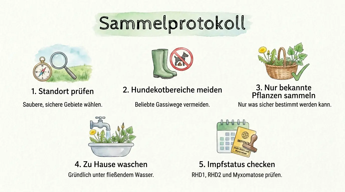 Infografik mit fünf Schritten für sicheres Wiesenpflücken: Standort prüfen, Hundekotbereiche meiden, Pflanzen sicher bestimmen, waschen und Impfstatus prüfen.