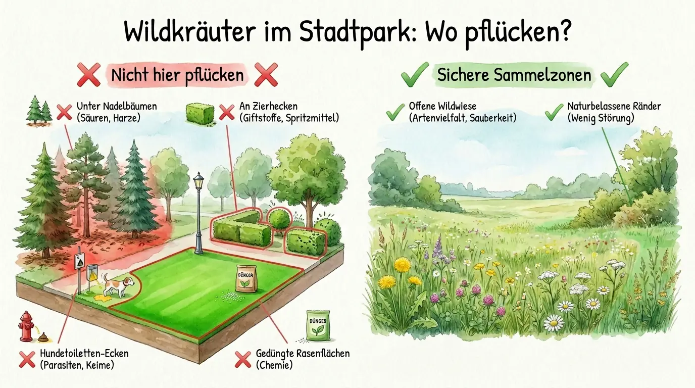 Infografik zu sicheren Sammelzonen im Stadtpark mit roten Warnbereichen an Hecken, Hundetoiletten und gedüngten Rasenflächen.