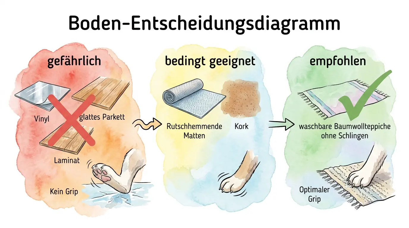 Boden-Entscheidungsdiagramm für Kaninchen mit Warnung vor Vinyl, glattem Parkett und Laminat sowie Empfehlung für waschbare Baumwollteppiche ohne Schlingen.