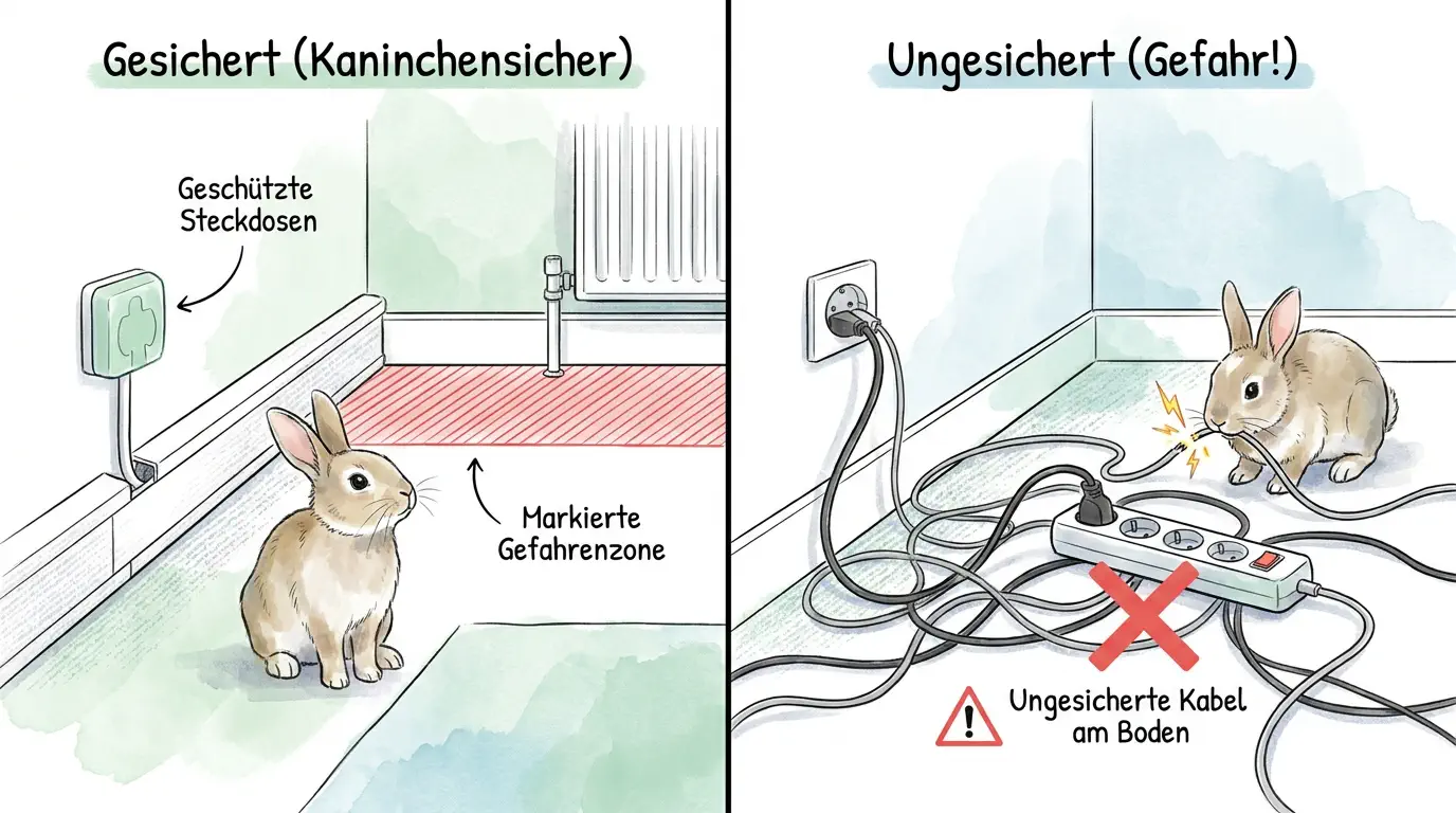 Vergleichsillustration von kaninchensicherer und ungesicherter Wohnung mit markierten Gefahrenzonen bei Kabeln und Steckdosen.