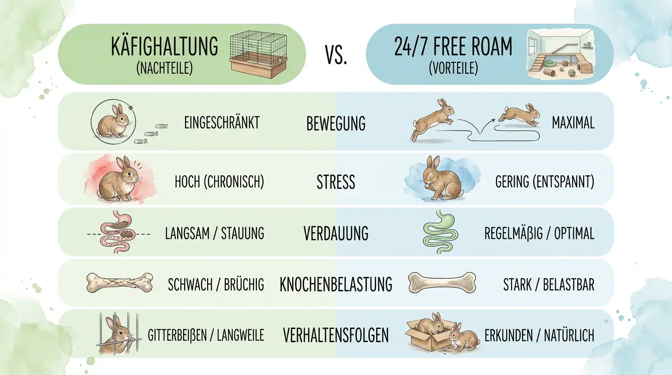 Vergleichsinfografik zwischen Käfighaltung und 24/7 Free Roam bei Kaninchen mit Unterschieden bei Bewegung, Stress, Verdauung, Knochenbelastung und Verhalten.