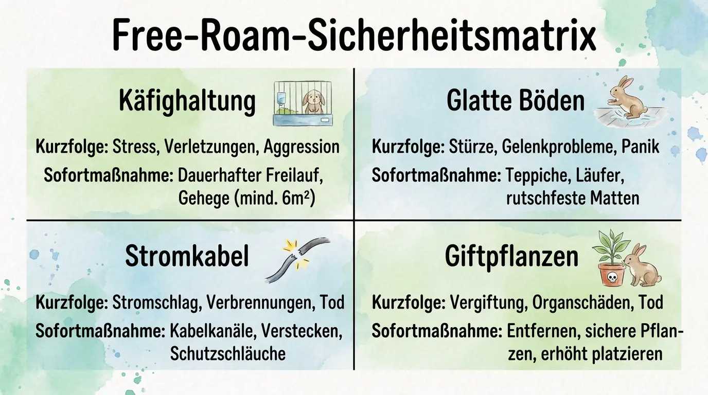 Infografik als Free-Roam-Sicherheitsmatrix für Kaninchen mit den Gefahren Käfighaltung, glatte Böden, Stromkabel und Giftpflanzen samt Sofortmaßnahmen.
