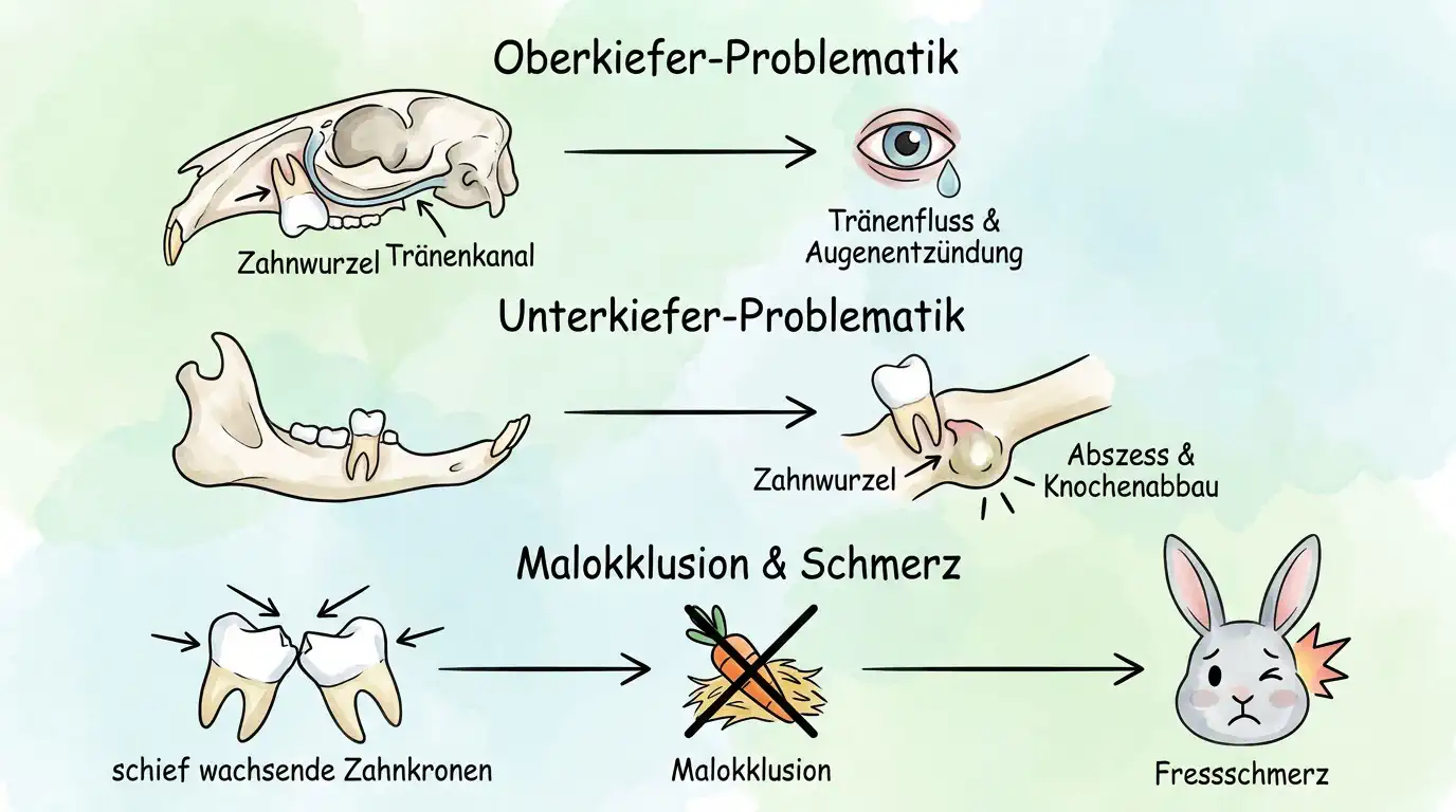 Infografik zu den Folgen von Zahnfehlstellungen beim Kaninchen mit Oberkiefer-Problematik, Unterkiefer-Abszessen, Malokklusion und Fressschmerz.