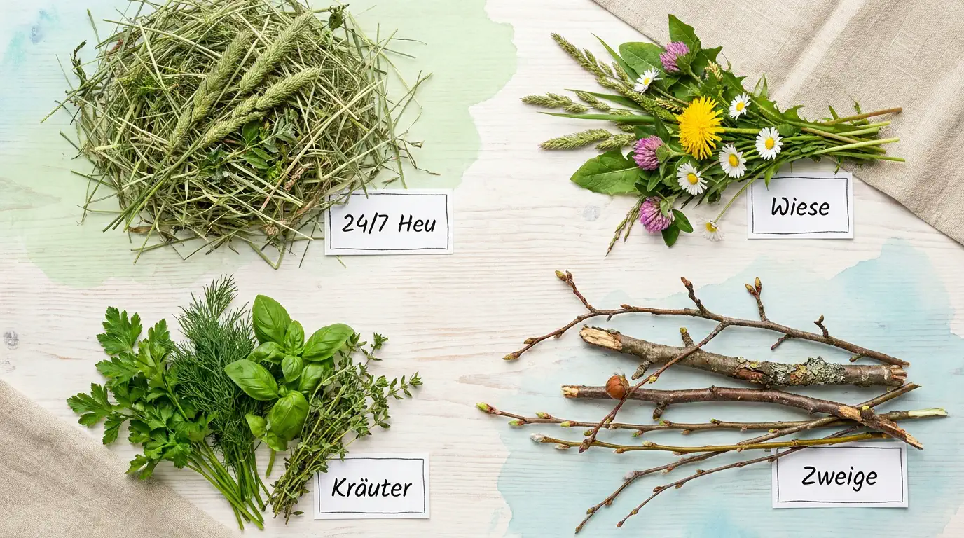 Artgerechte Fütterung für Kaninchen mit 24/7 Heu, Wiese, frischen Kräutern und Zweigen zur Unterstützung des natürlichen Zahnabriebs.