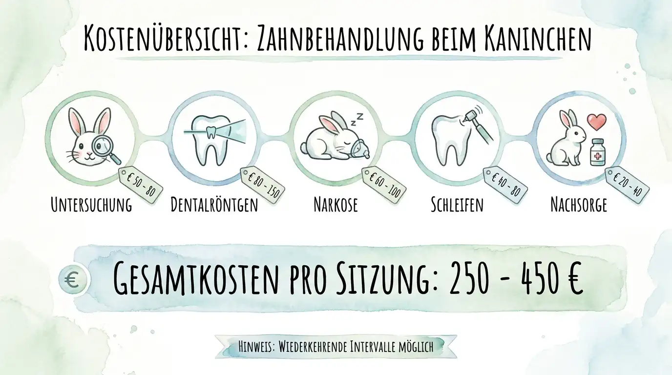 Kostenübersicht zur Zahnbehandlung beim Kaninchen mit Untersuchung, Dentalröntgen, Narkose, Schleifen, Nachsorge und Gesamtkosten pro Sitzung.