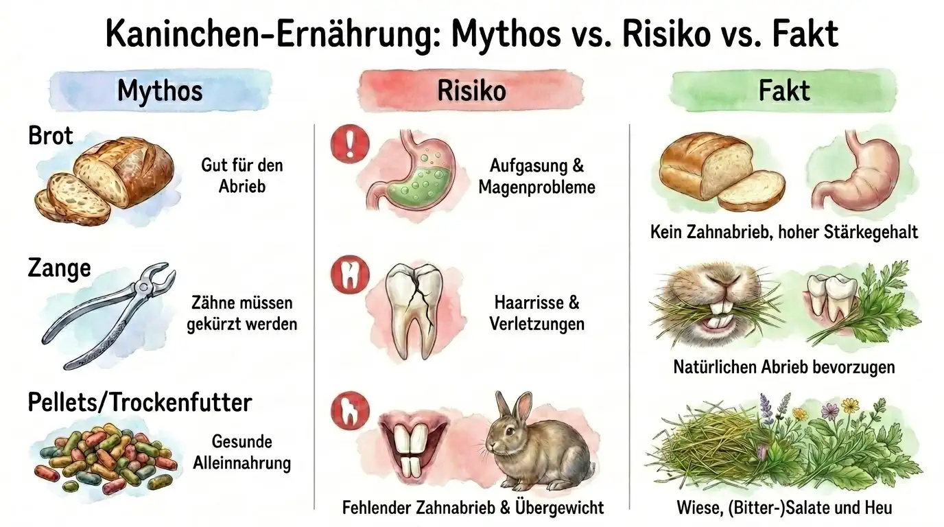 Infografik zur Kaninchen-Ernährung mit den Spalten Mythos, Risiko und Fakt zu Brot, Zange, Pellets sowie natürlichem Zahnabrieb durch Heu und Wiesenfutter.