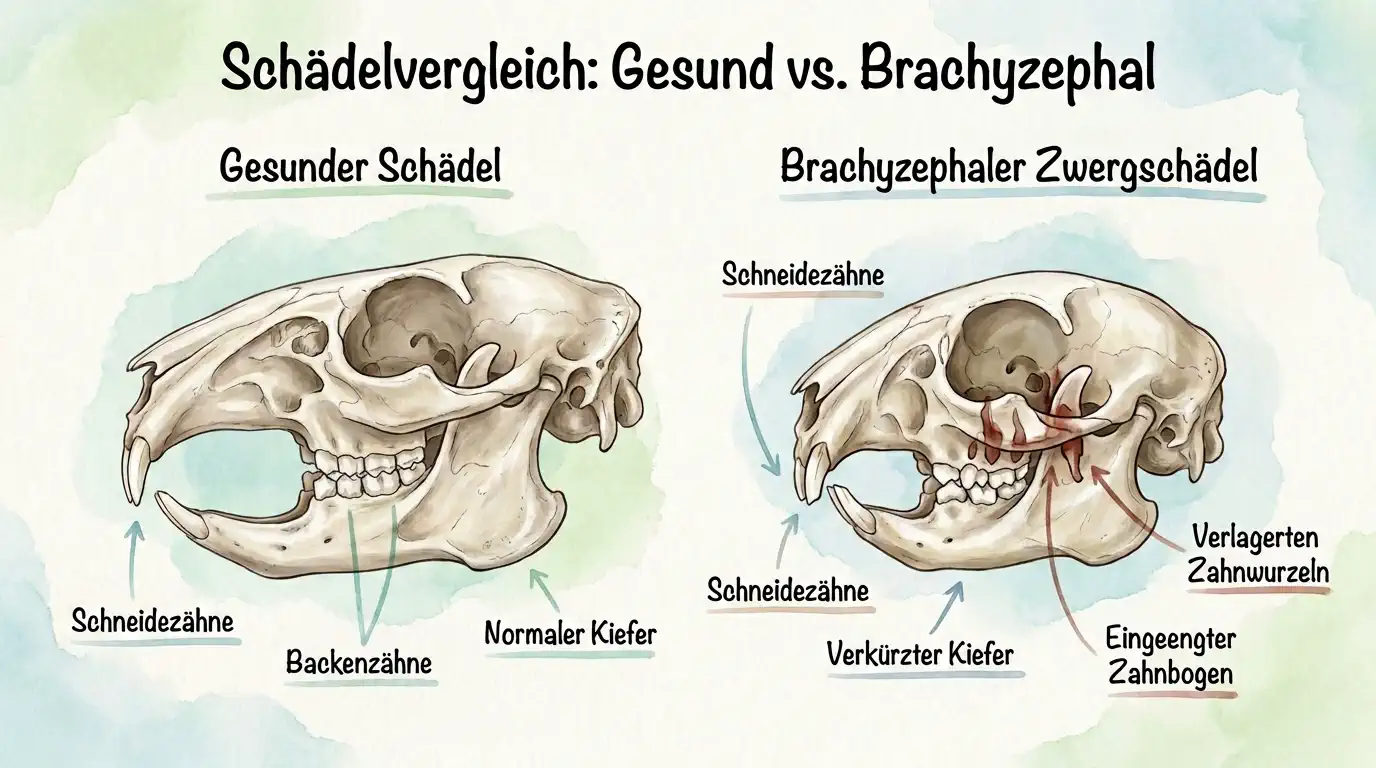 Schädelvergleich zwischen gesundem Kaninchen und brachyzephalem Zwergkaninchen mit eingeengtem Zahnbogen, verlagerten Zahnwurzeln und verkürztem Kiefer.