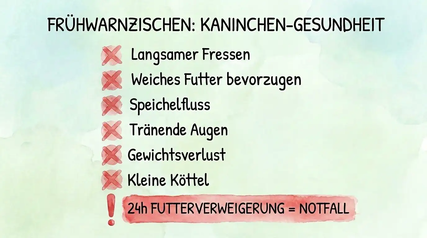 Frühwarnzeichen für Zahnprobleme beim Kaninchen mit langsamem Fressen, Vorliebe für weiches Futter, Speichelfluss, tränenden Augen, Gewichtsverlust und kleinen Kötteln.